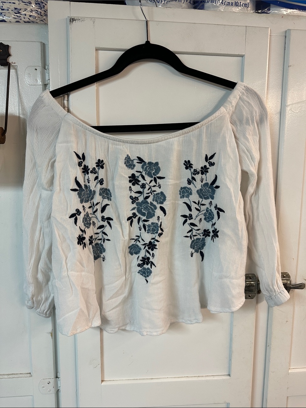 Abercrombie & Fitch White Peasant Top with Blue Floral Embroidery